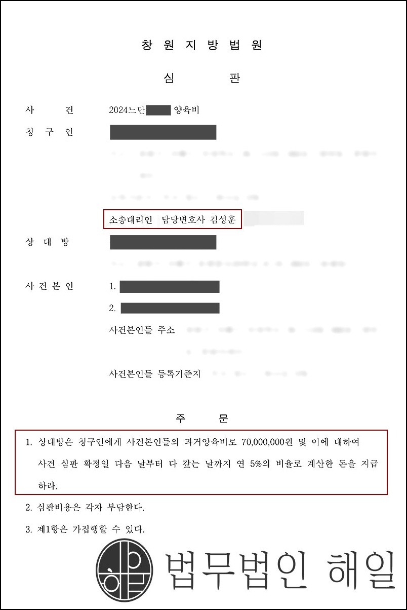 [양육비심판청구] 이혼후 과거양육비청구 전액인용성공사례.jpg.jpg