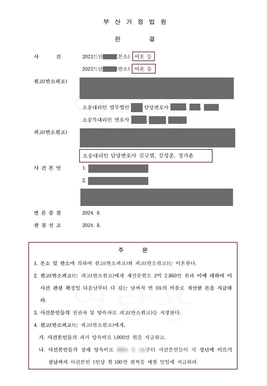 쌍방유책 반소, 총 2억 4천 + 월 100 양육비 확보.jpg