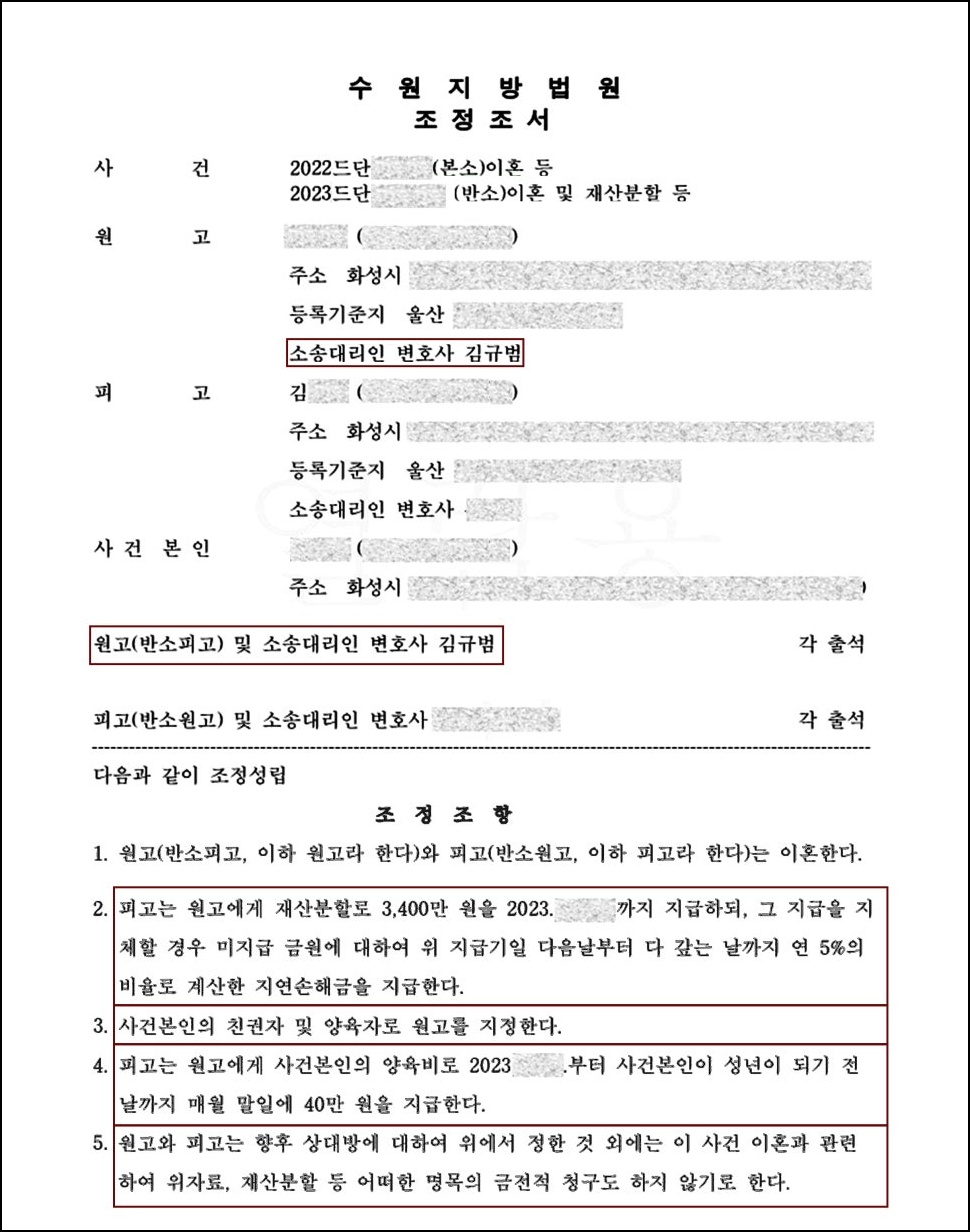 조정조서 [조정이혼 원고조력] 무리한 이혼소송을 진행한 의뢰인 전략적 대응으로 성공적 조정성립!.jpg